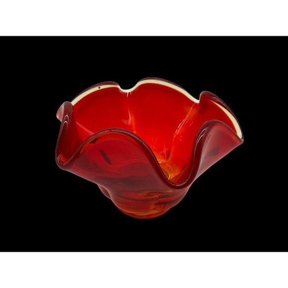 LE Smith Amberina Glass Pedestal Bowl Red Vintage Mid Century Modern - Picture 2 of 16